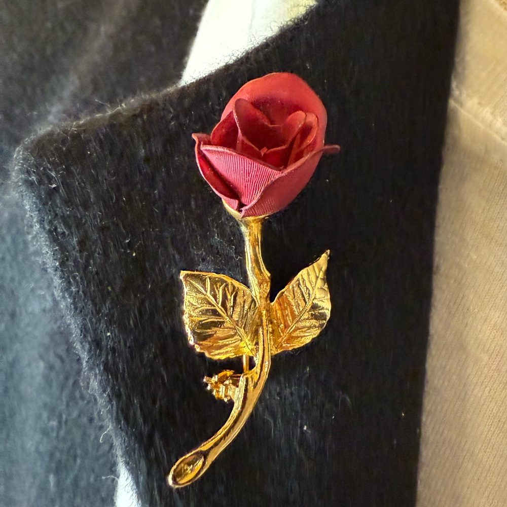 Vintage Red Rose Brooch, Gold Tone,Giovanni